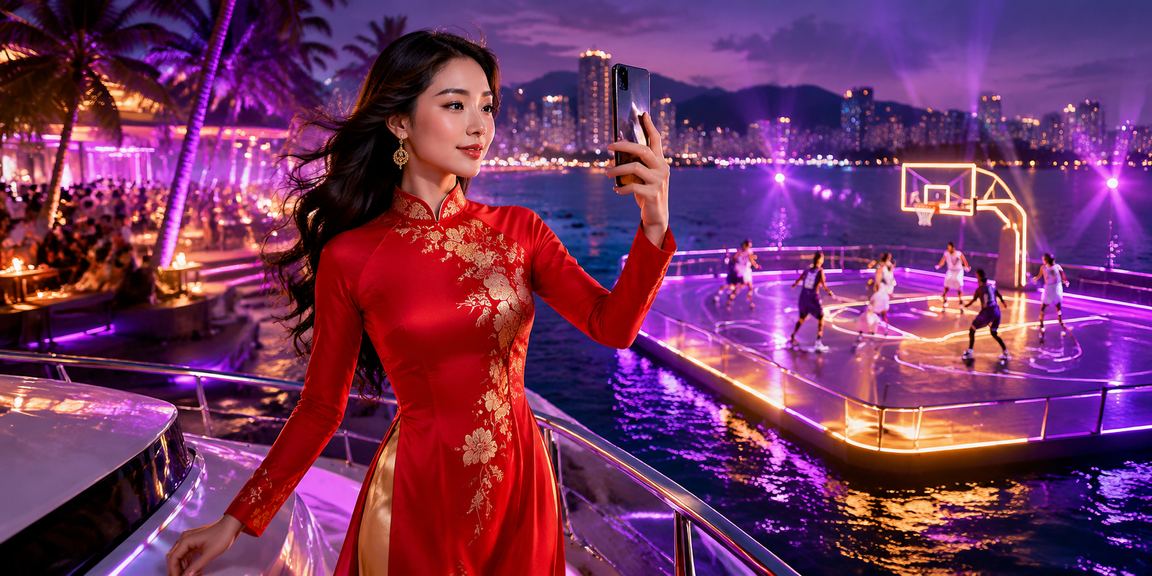 Người phụ nữ mặc áo dài xem cá cược bóng rổ tại Nha Trang trên điện thoại