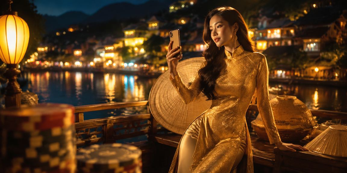 Người phụ nữ mặc áo dài truy cập casino trực tuyến trên điện thoại giữa khung cảnh Sa Pa